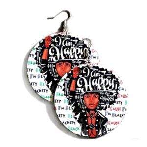 I Am Happy Afro Power Fist Medium Statement Dangle Wood Earrings